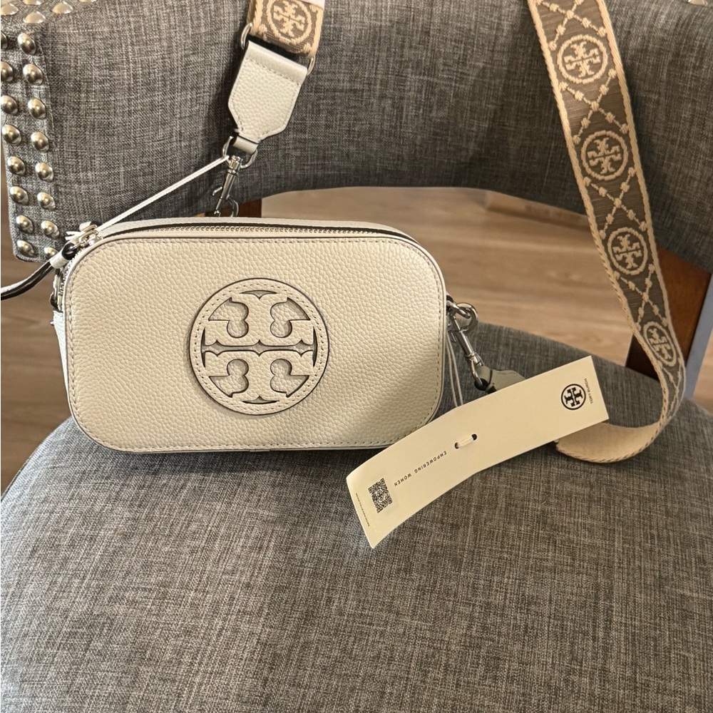 Tory Burch Cream Leather Logo Crossbody with Tan Logo Strap